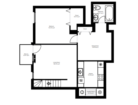 Floor plan for 2 beds, 1 bath, 981 sqft